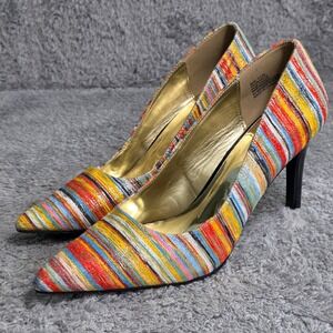 Torta Caliente Pumps Gold Orange Teal Striped Pointed Toe Heels Womens 10M NEW